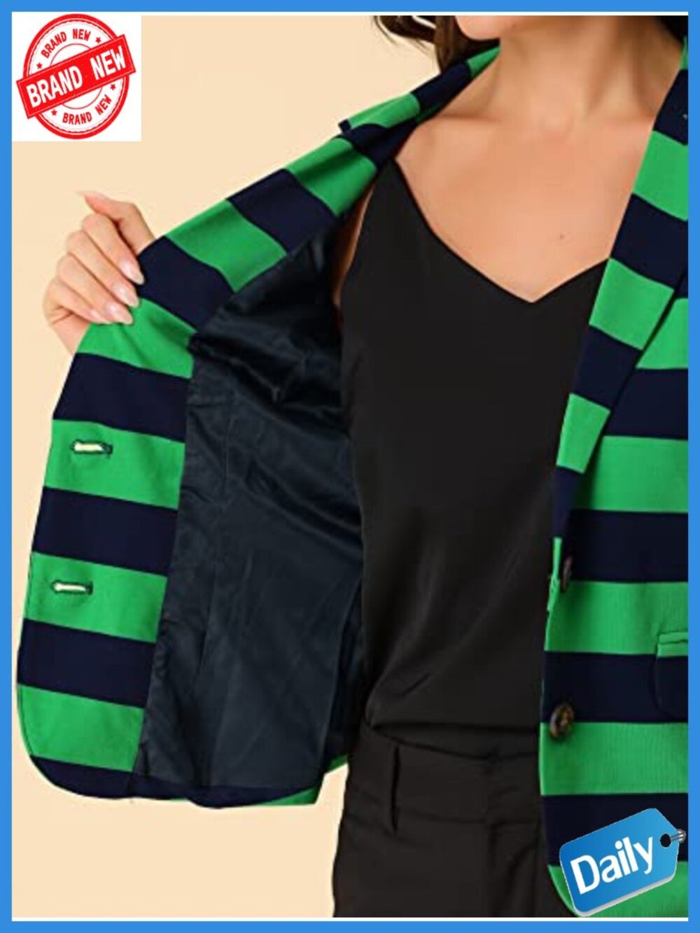 Women's Striped Blazer Button Closure Notched Lapel Knit Fabric Short Cropped - Picture 4 of 5